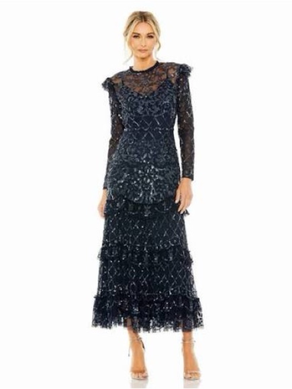 Mac Duggal 9624 | Ruffle tier| midi dress | wedding guest cocktail dress | lace